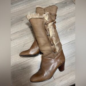 CREAZIONI MAGNANI vintage Women's Brown Leather Mid-Calf Fur-Trim Boots